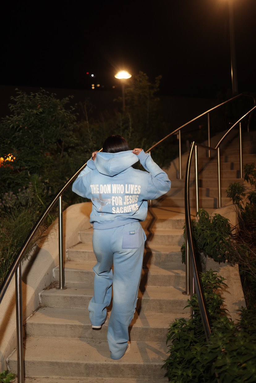 Blue Acid Wash "Jesus Sacrifice" Hoodie